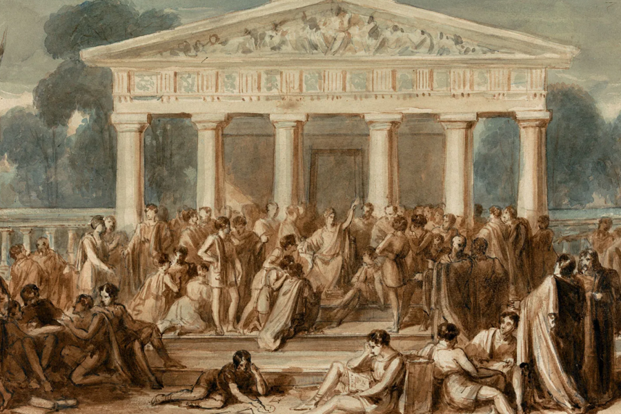 Watercolor painting of Hypatia teaching Alexandria