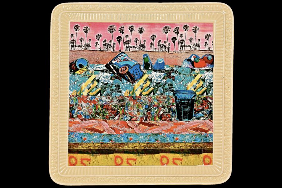 A colorful abstract mosaic made from garbage