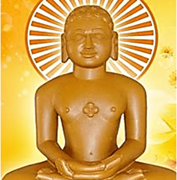 a golden figure in the lotus position with a white and orange halo around the head