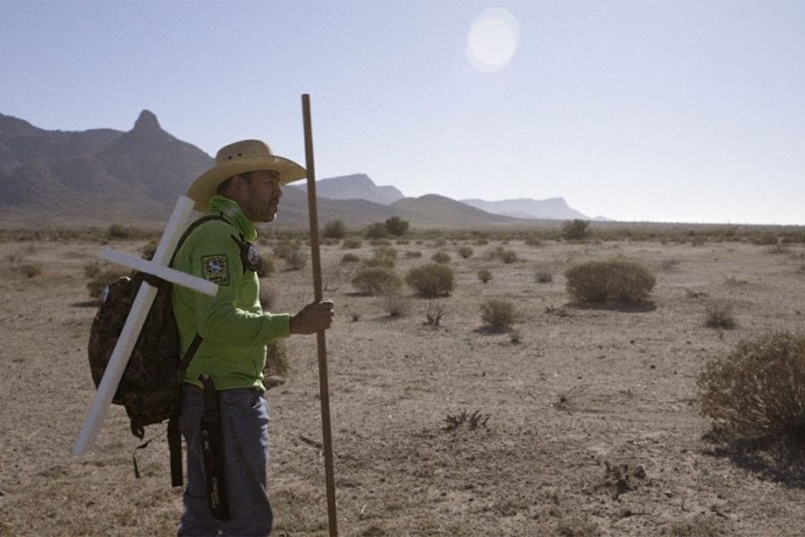 A person in the desert, holding a stick and wearing a hat, the sun behind them.