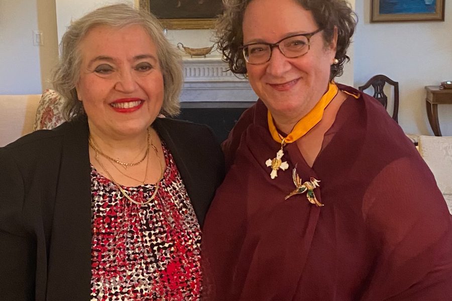 mbassador of Greece to the United States Alexandra Papadopoulou and UCLA SNF Hellenic Center Director Sharon E. J. Gerstel smile for an impromptu portrait