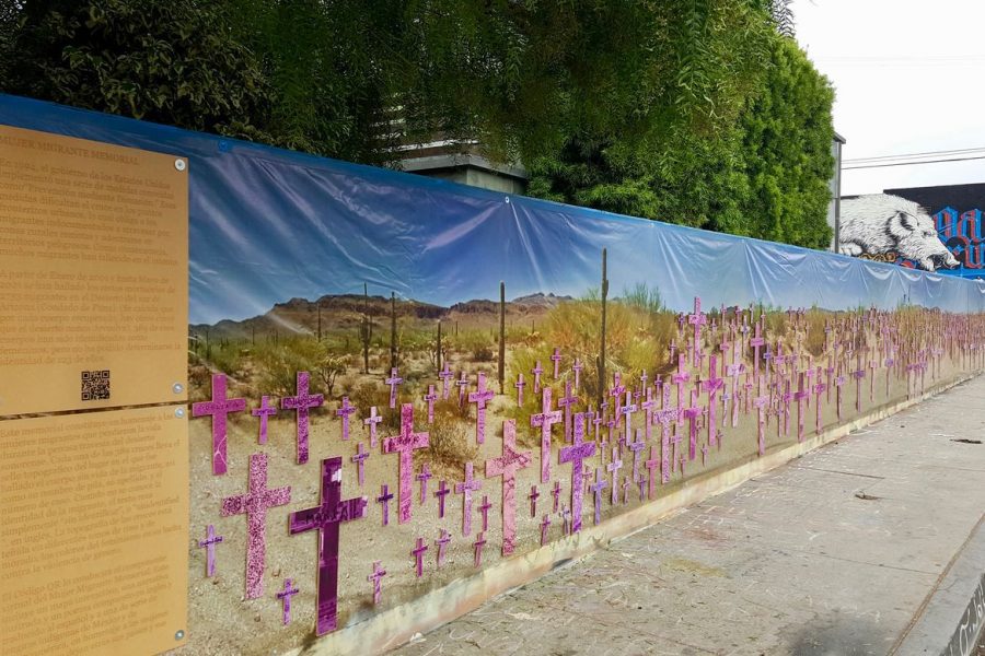 Mural covered in pink and purple crosses in the desert