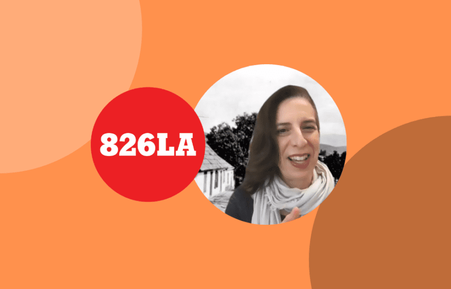 Circular portrait of Lopez next to the 826LA logo, which is in a red circle. Both are on an orange background