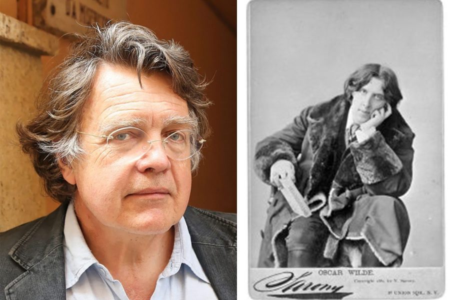 A portrait of Merlin Holland and a portrait of Oscar Wilde side by side
