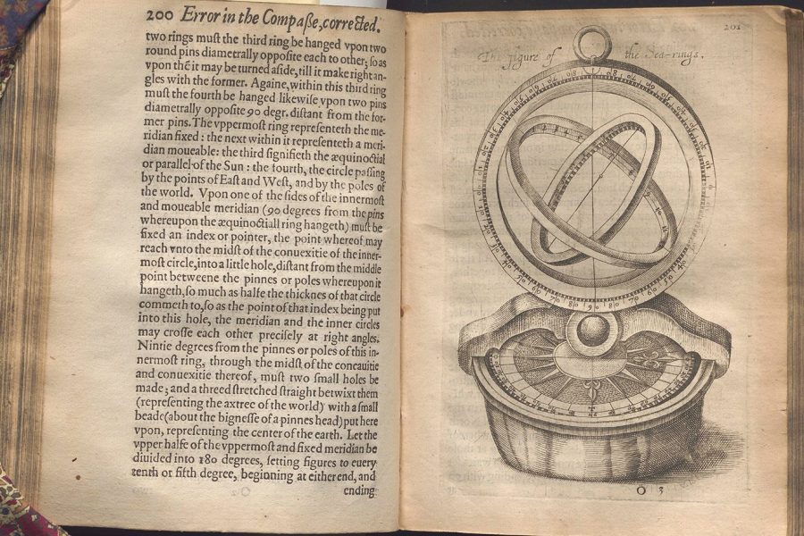 Scan of an old manuscript open with writing on the lefthand page and a black-and-white ink drawing on the right.