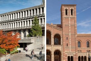 Images of the campuses of Simon Fraser University (left) and UCLA (right)