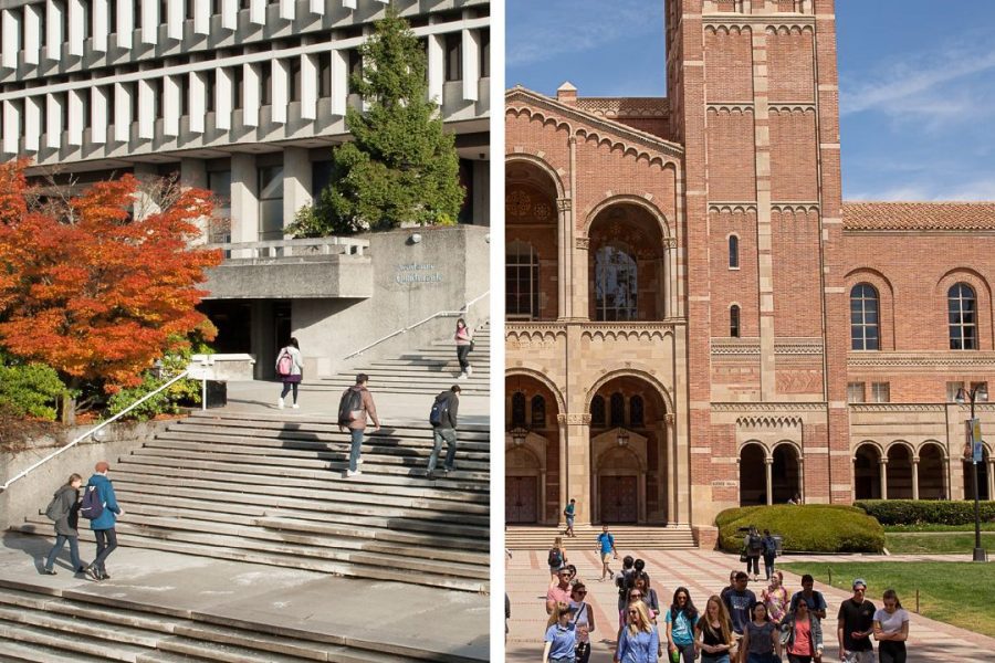 Images of the campuses of Simon Fraser University (left) and UCLA (right)