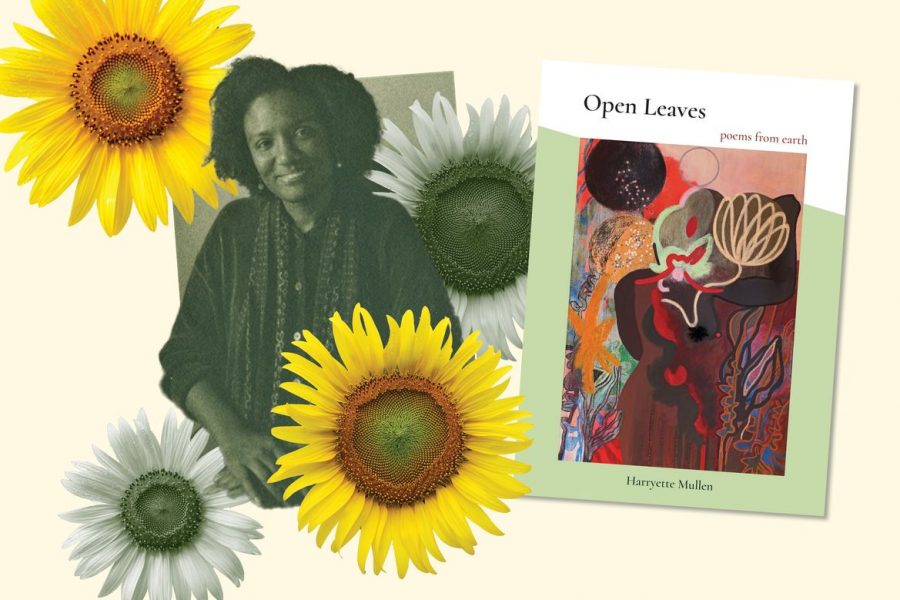 A collage depicts Mullen and the cover of her book amid sunflowers.