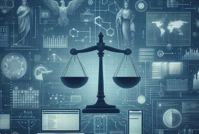 Illustration showing scales of justice, computer devices and data visualizations
