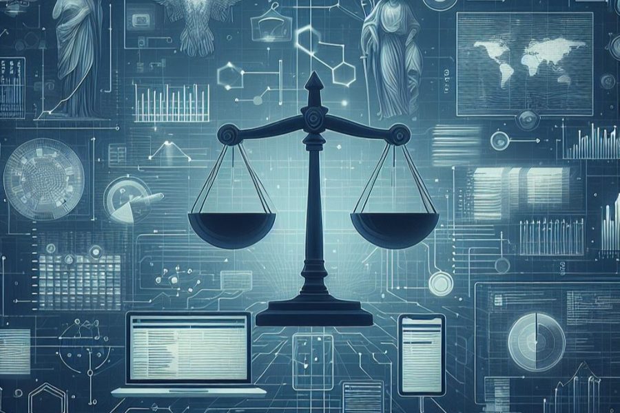 Illustration showing scales of justice, computer devices and data visualizations