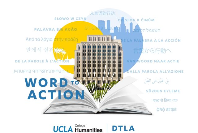 UCLA Humanities "Word to Action" graphic with Trust Building rising out of the pages of a book