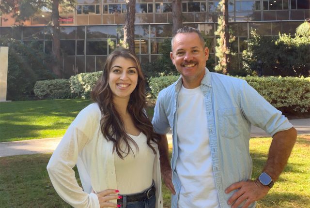 Mariam Janvelyan and Benjamin Lewis outdoors on UCLA campus