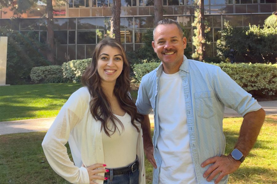 Mariam Janvelyan and Benjamin Lewis outdoors on UCLA campus