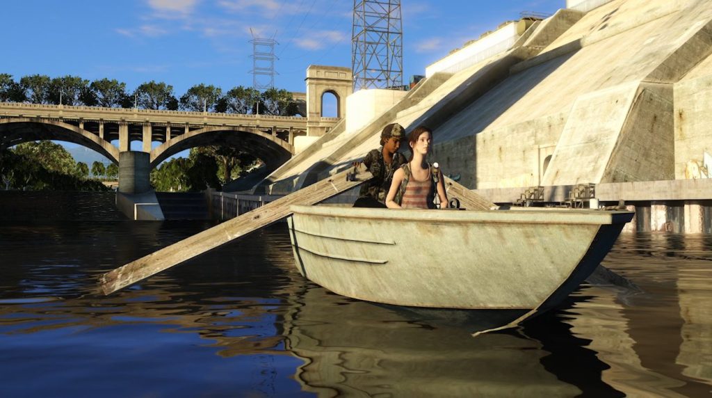 Animated characters in a Grand Theft Eco video in a rowboat on the Los Angeles River