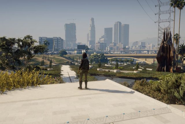A character looking out at a rendering of 2050 Los Angeles in a still from the Grand Theft Eco videos
