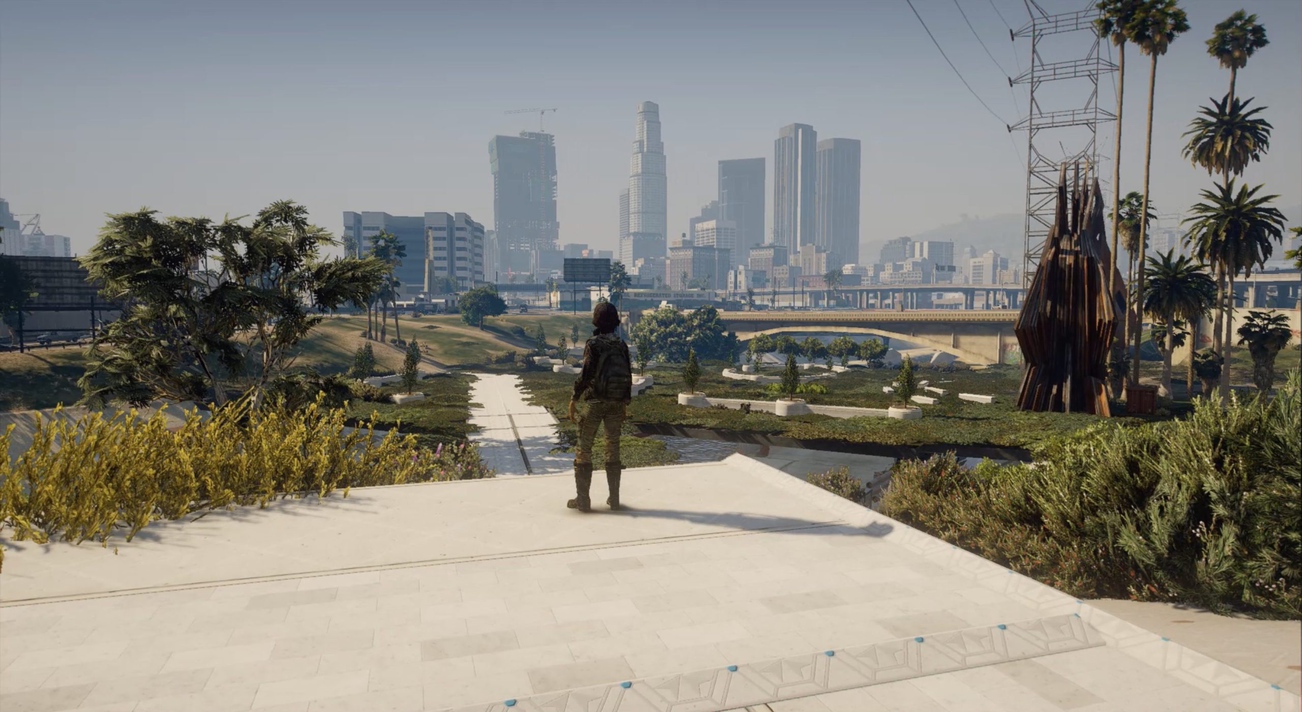 A character looking out at a rendering of 2050 Los Angeles in a still from the Grand Theft Eco videos