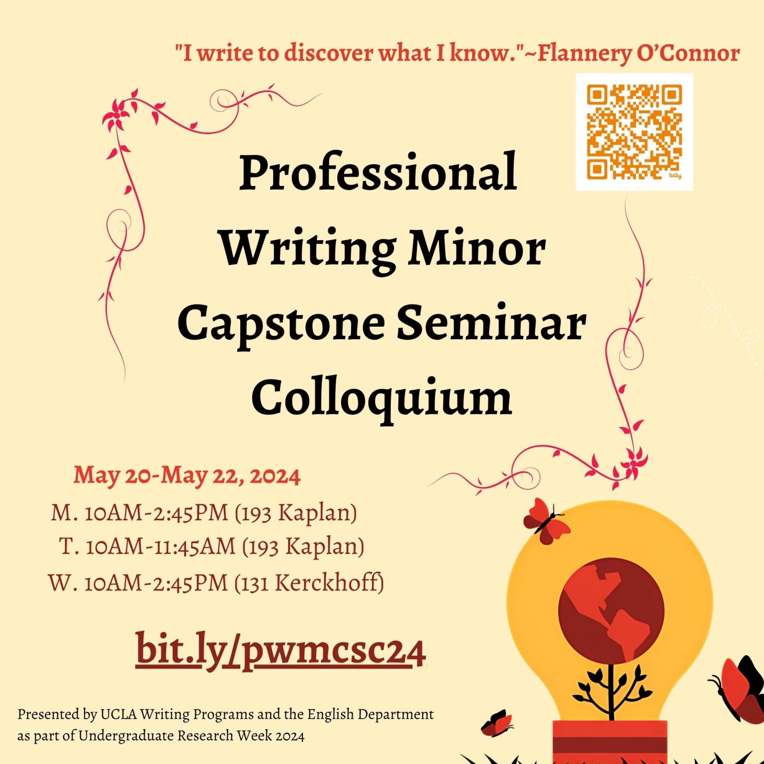 Event flyer for Discover What I Know Professional Writing Minor Colloquium