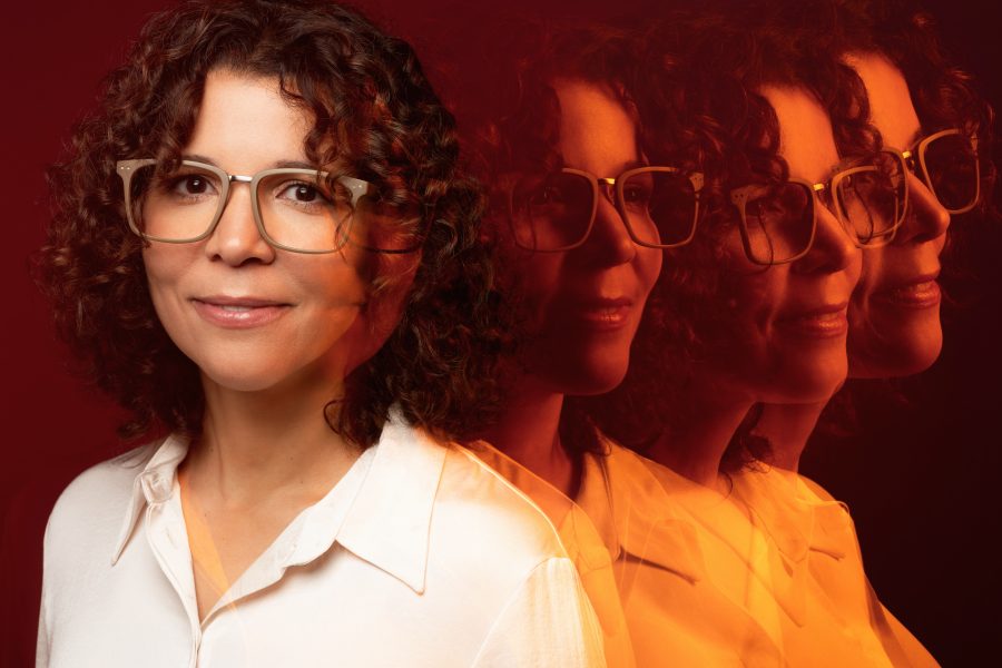 Portrait of Ananda Lima with additional reflected portraits