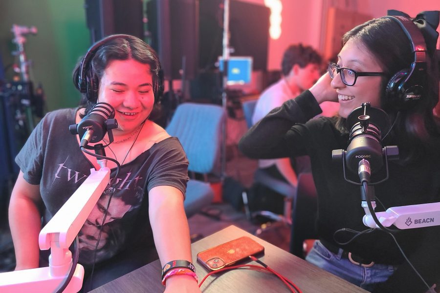 Jocelyn Granados, left, and Lilianna Rodriguez in a podcast studio at UCLA