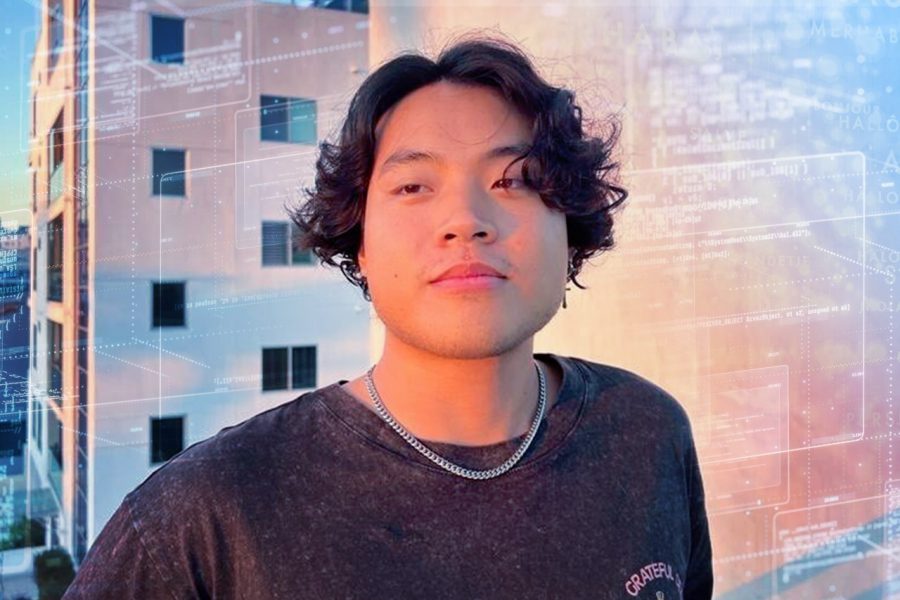 Portrait of Mario Peng Lee with building and computer screens in background