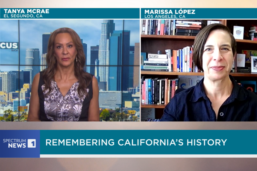 Spectrum News host Tanya McRae on screen with UCLA professor Marissa López