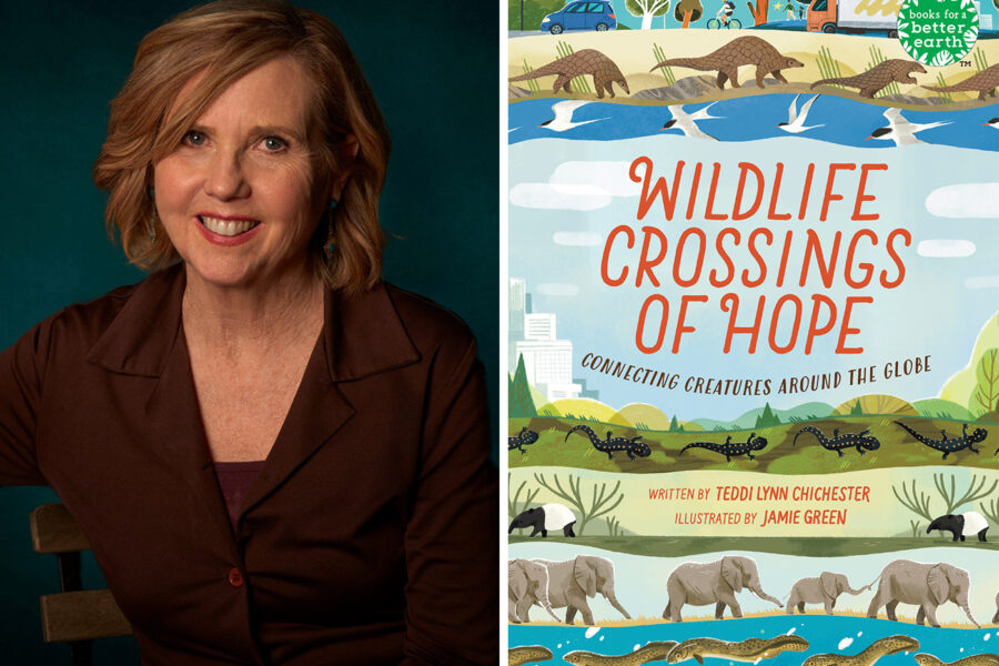 Portrait of Teddi Chichester and the cover of her book “Wildlife Crossings of Hope: Connecting Creatures Around the Globe”