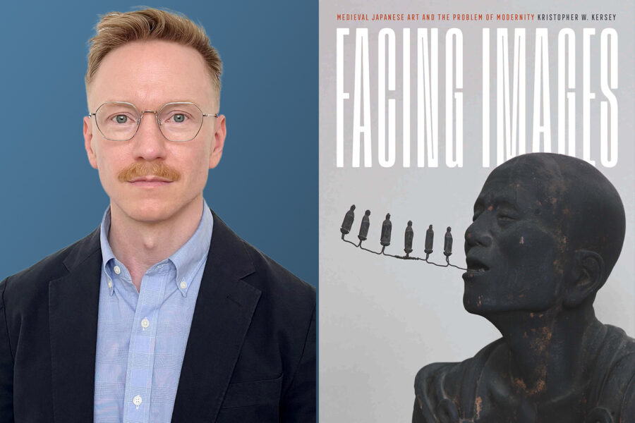 Portrait of Professor Kristopher W. Kersey and the cover of his book, "Facing Images"