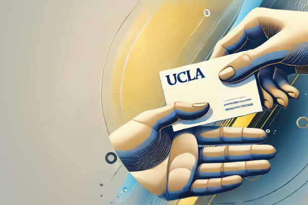 Graphic of two hands with a UCLA business card