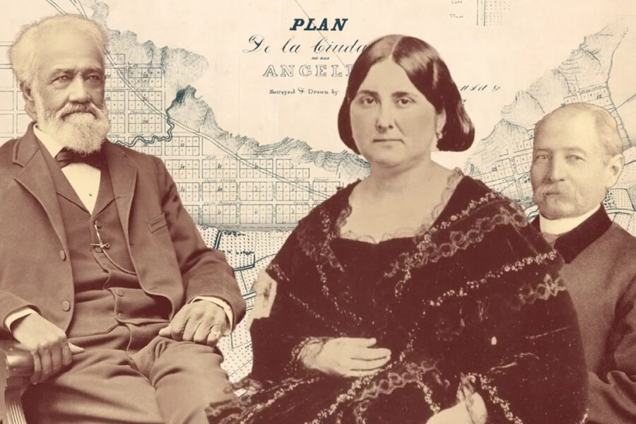 Archival portraits of three people in front of a historic map of Los Angeles