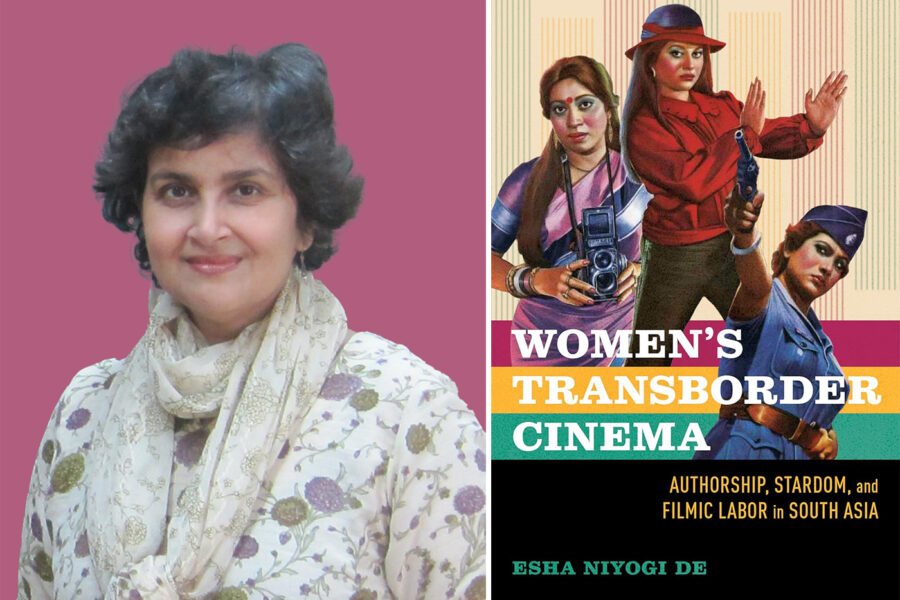 Portrait of Esha Niyogi De next to image of her book cover