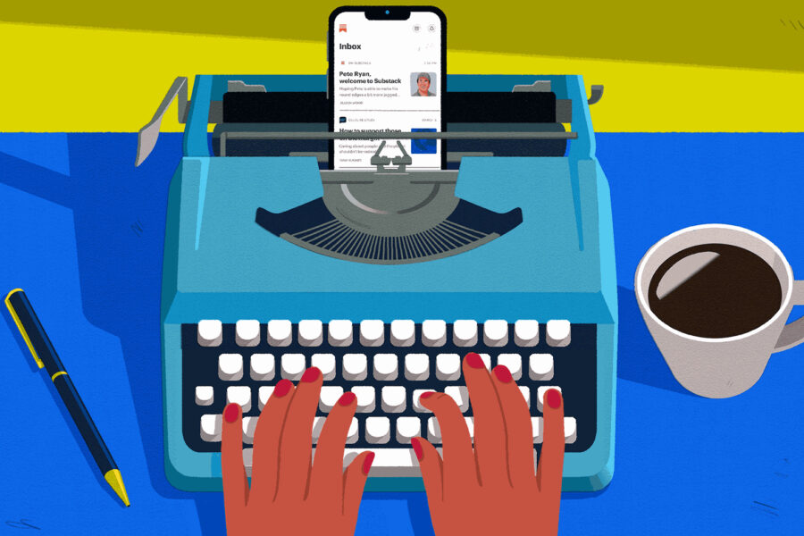 Illustration of hands on a typewriter keyboard with a cellphone resting on the typewriter carriage