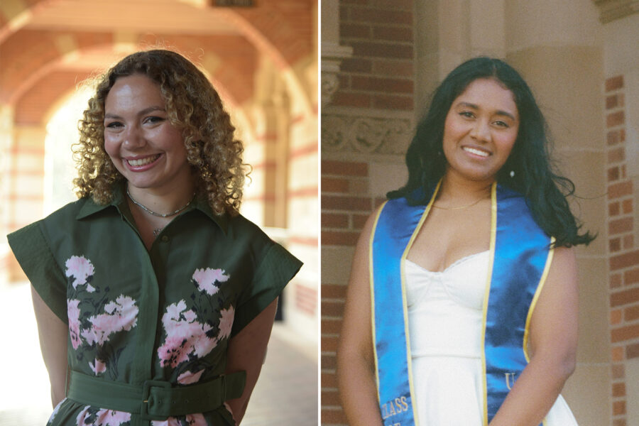 Side by side portraits of Bella Brannon and Dhanya Charan, both outside of UCLA Royce Hall