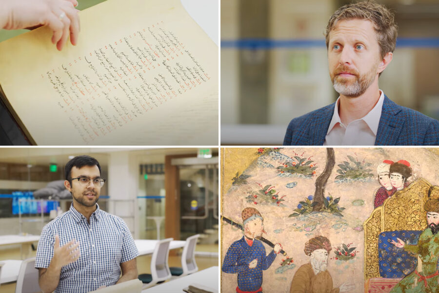 Luke Yarbrough (top right) and Azeem Malik (bottom left) with images of pages from manuscripts in the UCLA Library collection