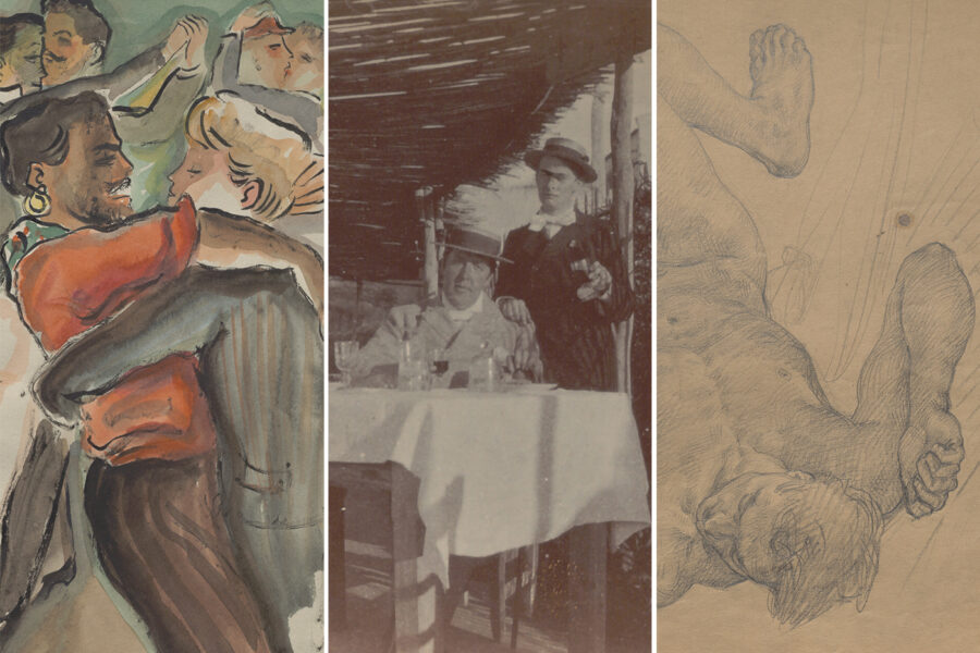 Details of 3 images in Queer Kin exhibition, from left: men dancing in watercolor "Illustration for Wilde's Dorian Gray" by Alex Székely; photograph of Oscar Wilde and Lord Alfred Douglas; and sketch of Harrison Post by Allyn Cox.