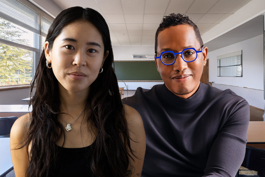 Portraits of Summer Kim Lee (left) and Uri McMillan superimposed on image of a classroom