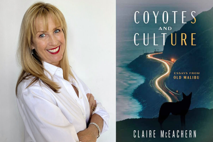 Portrait of Claire McEachern next to book cover for Coyotes and Culture