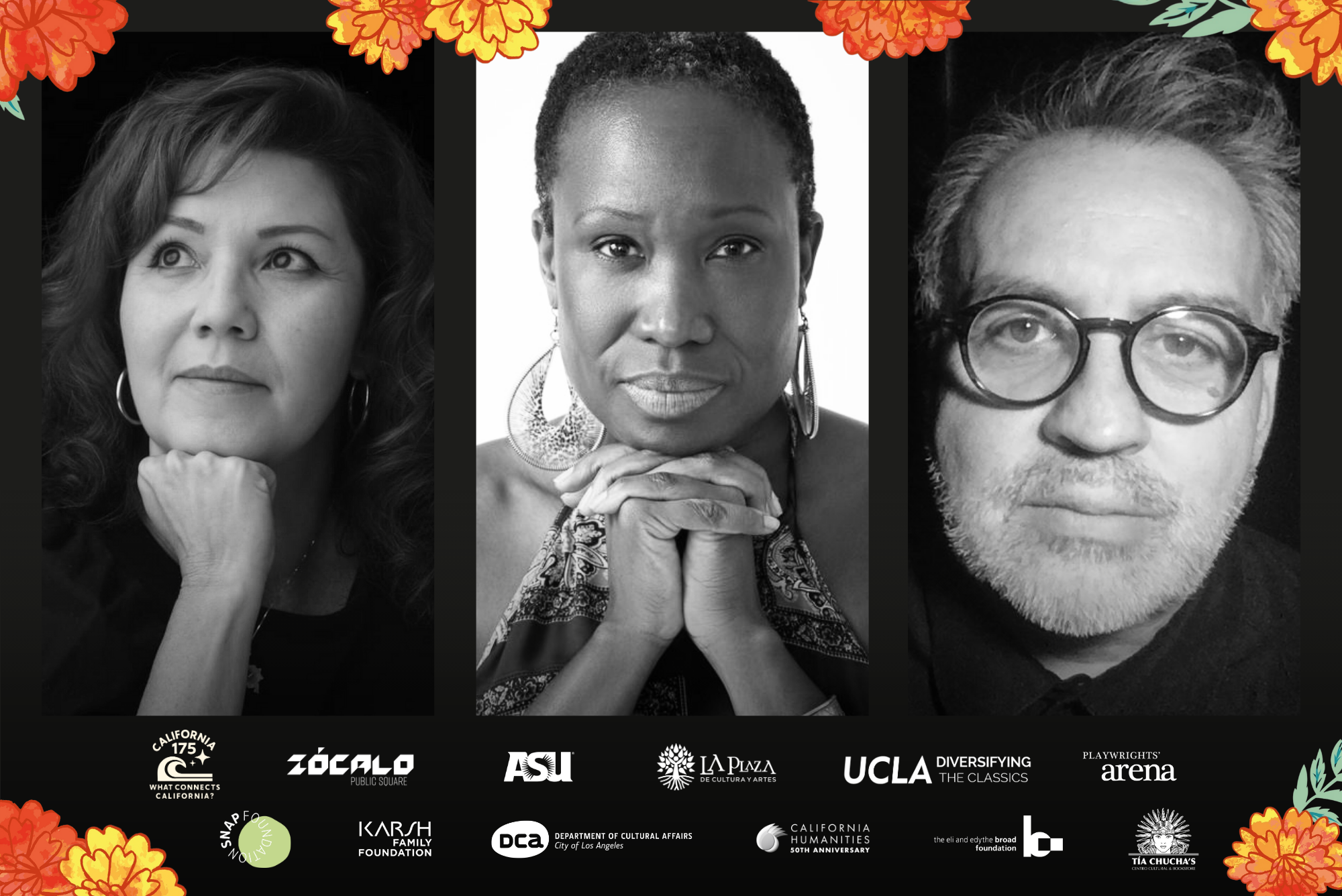 Event poster for Can Comedia Help Us Understand California’s Past? With portraits of three speakers