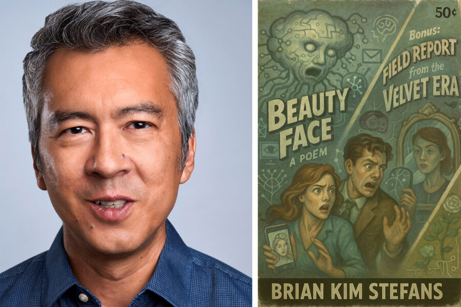 Portrait of Brian Kim Stefans and cover of his poem Beauty Face