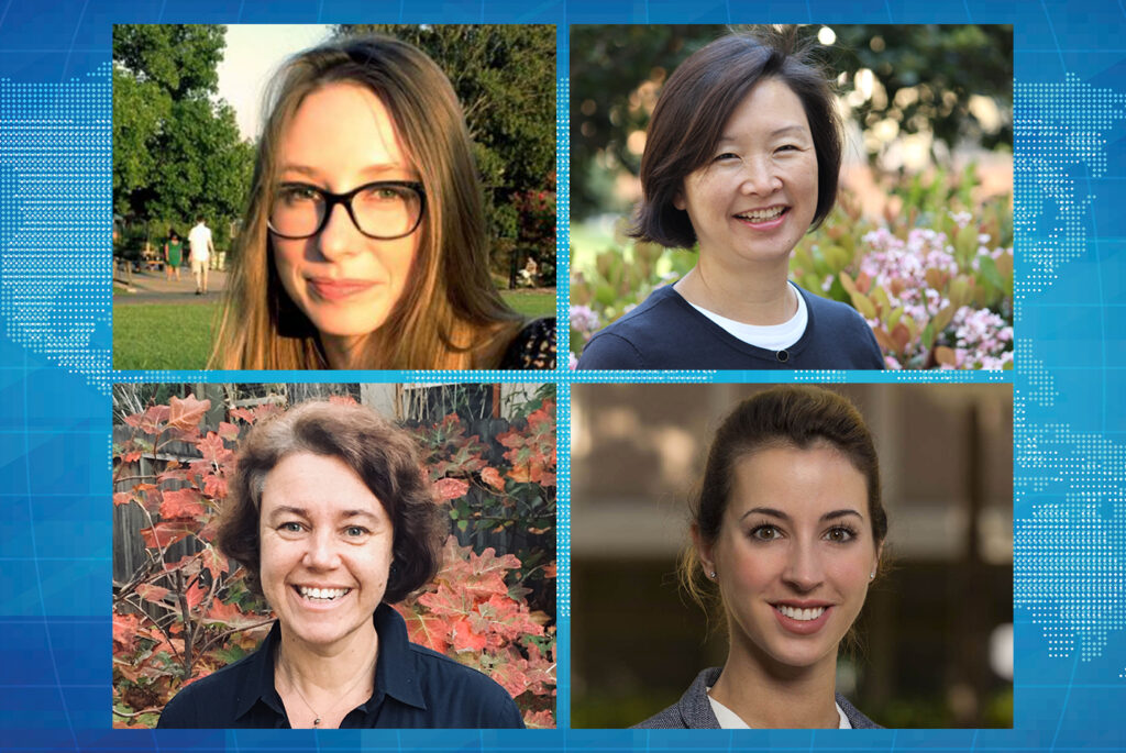 Top row: Stephanie Bosch Santana and Jennifer Jung-Kim. Bottom row: Barbara Fuchs and Victoria Mateu. Background: digital world map.