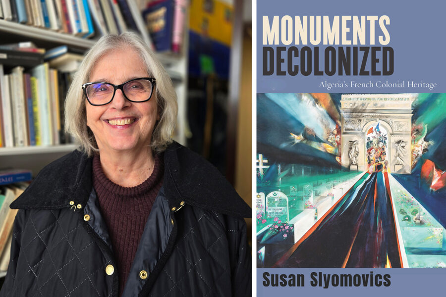 Portrait of Susan Slyomovics next to cover of her book Monuments Deconstructed