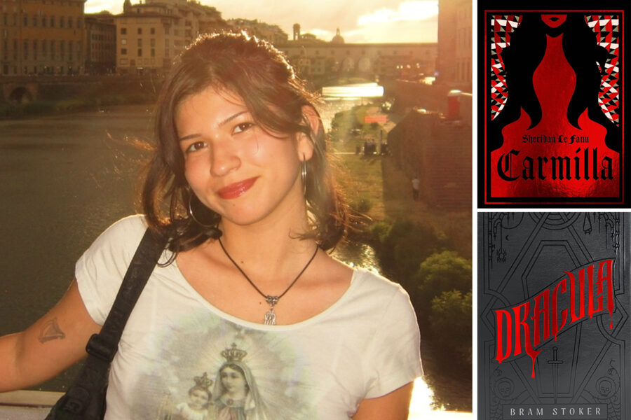 Shirley Cruz photo (left) with covers of the books Carmilla and Dracula