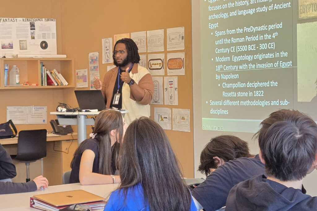 Charles Rhodes speaking to ninth grade students in a Geffen Academy classroom
