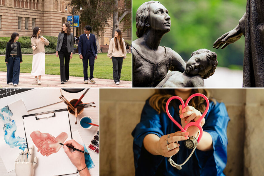 Four images: Professor Whitney Arnold with health humanities students, statue of mother and child, human and and robotic hand next to drawing, woman's hands holding a stethoscope with tubes in heart shape