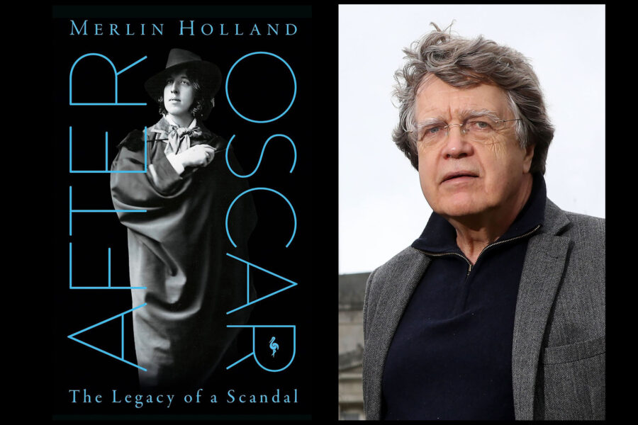 Cover of "After Oscar" book side-by-side with portrait of Merlin Holland