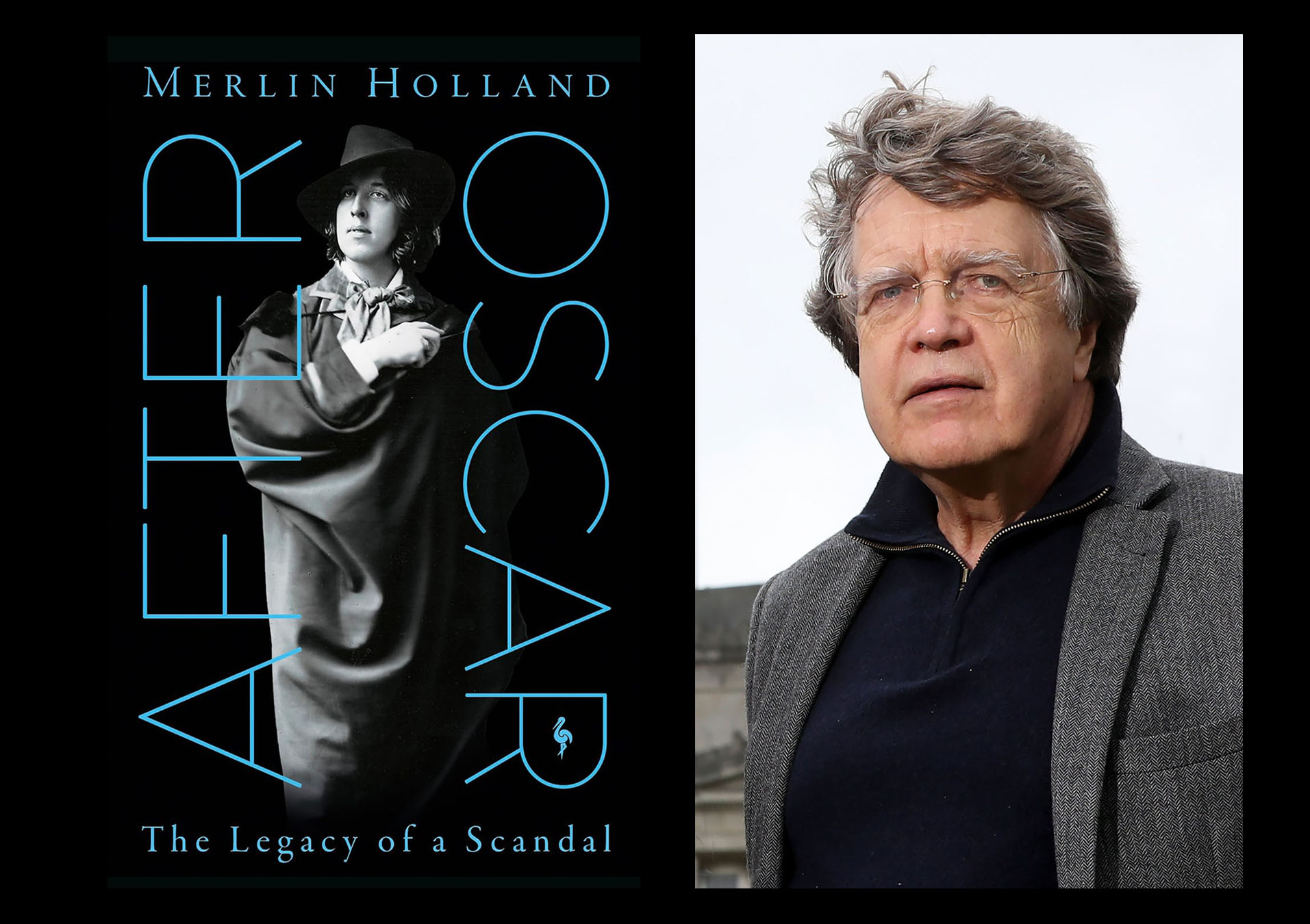 Cover of "After Oscar" book side-by-side with portrait of Merlin Holland