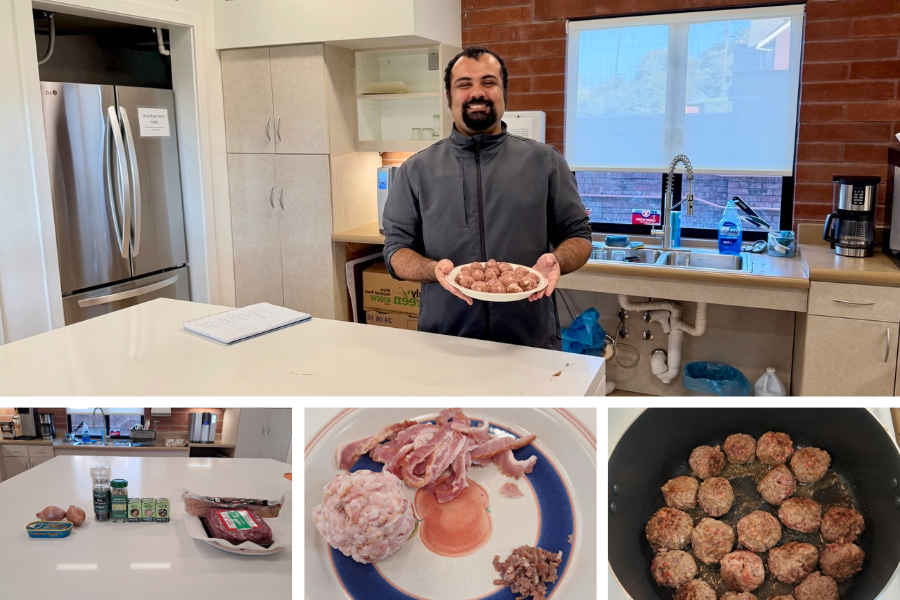 Photos of Alfons Rosales, meatball recipe ingredients and the finished meatballs