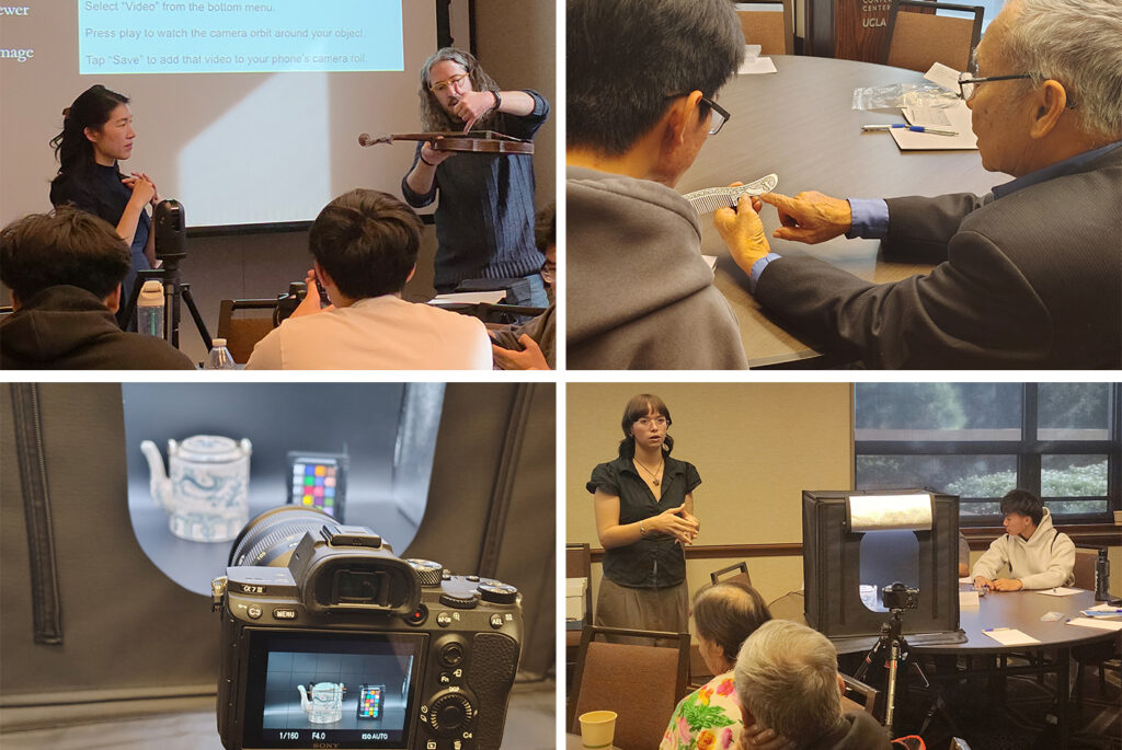 Four images from Intergenerational Archaeology Day, including scholars speaking to the audience, participants analyzing a silver comb, and a photo booth for documenting artifacts.