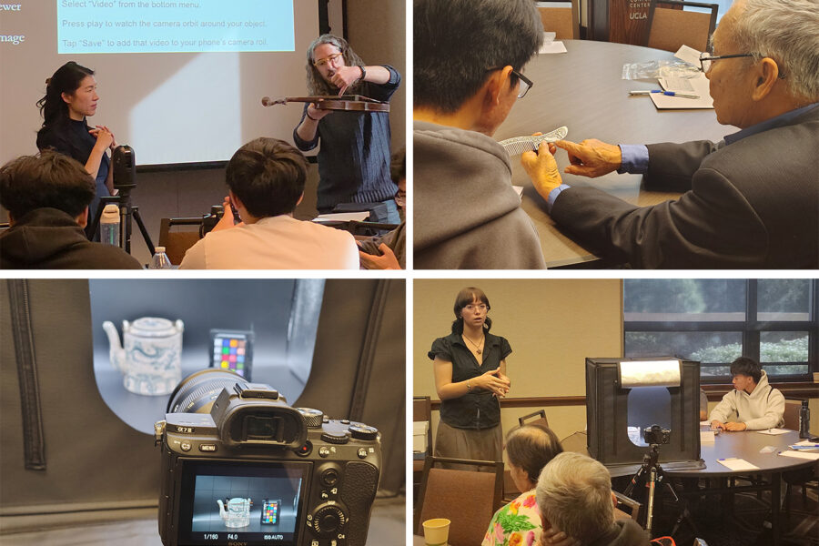 Four images from Intergenerational Archaeology Day, including scholars speaking to the audience, participants analyzing a silver comb, and a photo booth for documenting artifacts.