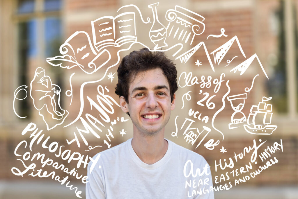 Head-and-shoulders portrait of Ben Krut with hand-drawn symbols and words representing his four academic majors and one minor