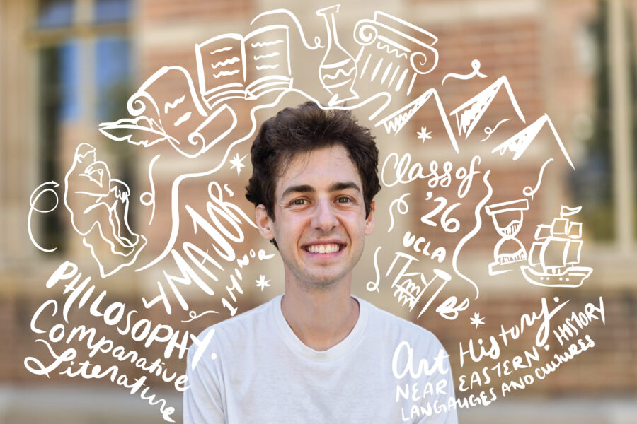 Head-and-shoulders portrait of Ben Krut with hand-drawn symbols and words representing his four academic majors and one minor